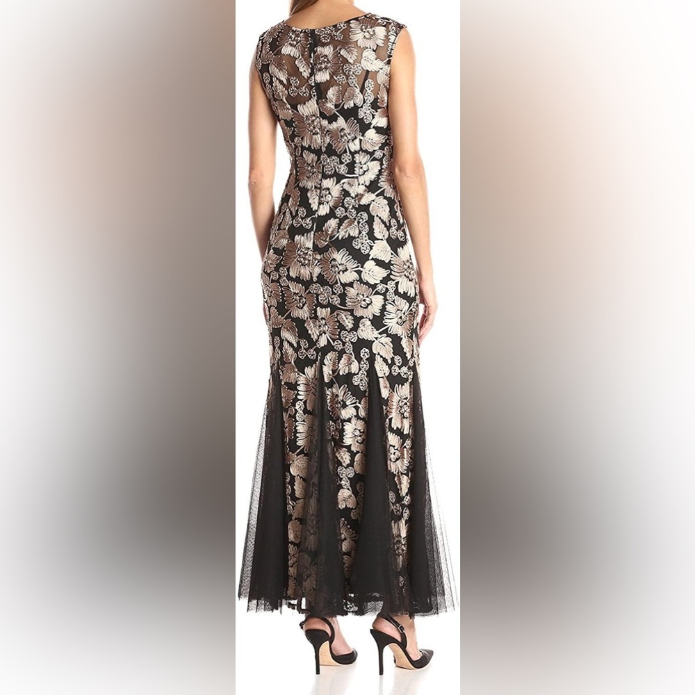 Alex Evenings Floral Embroidered Stretch Tulle Gown Maxi Dress Size 16 Tan Black - Picture 12 of 13